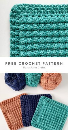 three crochet patterns with the text, free crochet pattern daily farm crafts