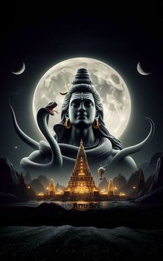 an image of a person with a snake on their head in front of a full moon