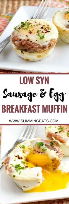 low synn sausage and egg breakfast muffins on a white plate with a fork