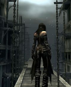 a woman standing on top of a bridge in the middle of a dark city with chains hanging from it's sides