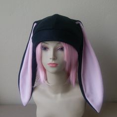 This hat is 100% handmade here in our workshop.  One size fits most teens and adults at a standard size of 23" measured around the head. Cute Anime Cosplay, Japanese Fashion Kawaii, Rabbit Hat, Black Pastel, Pink Beanie, Bunny Hat, Pink Beanies, Fleece Hat, Beanie Style