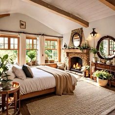 a bedroom with a bed, mirror and fireplace in it's centerpieces