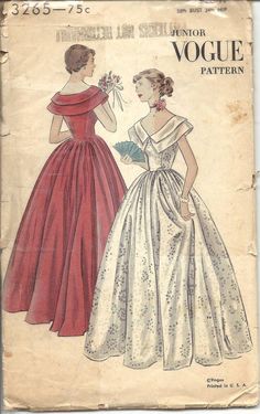 Vogue 3265 Evening Dress Pattern, 1950s Vogue, Gown Sewing Pattern, Evening Dress Patterns, Rolled Collar, Vogue Pattern, Costume Patterns, Vogue Patterns