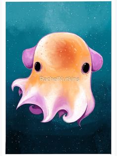 an orange and purple squid floating on top of blue water with bubbles in the background