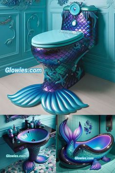 the bathroom is decorated in blue and purple mermaids colors, with an underfloored fish - like design