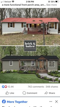 the before and after pictures of a mobile home in front of a brick and baton sign