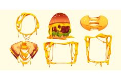 an assortment of food items are shown in the shape of letters and frames with melted yellow paint on them