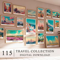 a collection of travel posters hanging on the wall