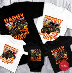 three baby onesuits with monster trucks on them and the words daddy, mommy, and