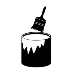 a black and white image of a paint can with a brush on it's side