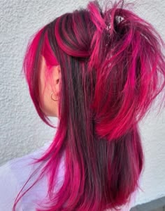 Hot Pink Hair With Light Pink Highlights, Hot Pink Streaks In Brown Hair, Pink Calico Hair, Short Hair With Pink Highlights, Purple Hair With Pink Highlights, Hot Pink Highlights In Brown Hair, Hot Pink Peekaboo Hair, Pink Skunk Hair, Two Tone Pink Hair