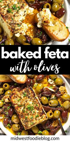 baked feta with olives and bread on a white platter, topped with parsley