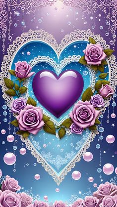 a purple heart surrounded by pink roses on a blue background with bubbles and laces