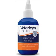 a bottle of vetricyn plus antimicrobable ear rinse on a white background