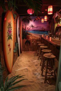 there are many surfboards in the sand at this bar