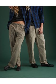 Constructed from vintage-inspired organic reverse twill in a natural undyed color/Waist tab adjusters, front patch pockets, and back button-flap patch pockets/Sustainable hardware and trims/Button fly Utility Pants, Bottoms Pants, Women's Jeans, American Eagle Outfitters, Khaki Pants, American Eagle, Vintage Inspired, Women Jeans, Shop Now