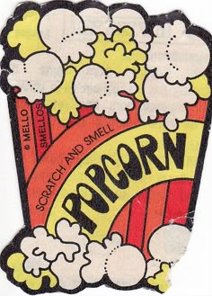 an old popcorn sticker with the word popcorn printed on it's front side