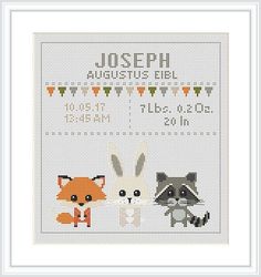 a cross stitch pattern with two small animals and the words joseph, august birth on it