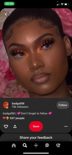 Rust Brown Makeup Look, Gold And Orange Makeup Looks, Yellow And Gold Eyeshadow Looks, Light Orange Makeup Look, 8th Grade Graduation Makeup Ideas, Orange Makeup Looks Black Women Glitter, Orange And Gold Makeup Looks Black Women, Eyeshadow For Orange Dress, Orange Prom Makeup Looks Black Women