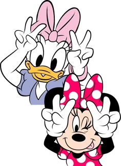 mickey and minnie mouse with their heads in the shape of two heads, one is pointing at