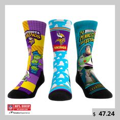 Show off your Minnesota Vikings pride with these Toy Story crew socks from Rock Em Socks. This pack includes three pairs that feature vibrant sublimated graphics of your favorite characters from the beloved animated film. Each pair boasts breathable construction with a form-fitting band and padded soles to ensure a comfortable fit that will have you saying "To infinity... and beyond!" all season long. Raven Accessories, Purple Games, Fall Pullover, Sock Toys, Bucket Purse, Toy Story 3, Digital Camo, To Infinity And Beyond, Sports Sunglasses