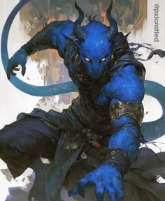 a painting of a blue demon with horns on it's head and claws in his hands