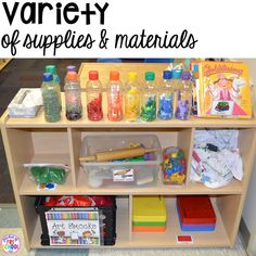 a shelf with supplies and materials on it in front of the words variety of supplies & materials