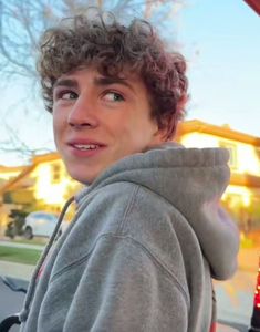 a young man with curly hair wearing a gray hoodie and looking at the camera