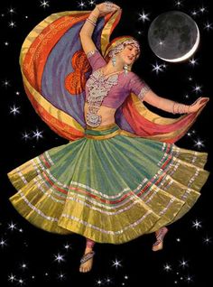 a painting of a woman dancing with the moon in the background