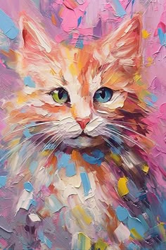 a painting of a cat with blue eyes and yellow, pink, orange, and white colors