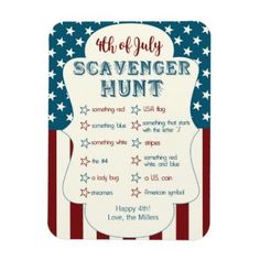 an american flag themed scavenger hunt card with the words, happy 4th of july