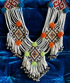 Beaded Jewelry For Navratri, Beaded Jewelry For Navratri Wedding, Multicolor Beaded Jewelry For Navratri, Traditional Beaded Necklaces For Navratri, Navratri Multicolor Beaded Jewelry, Afghan Fashion, Afghan Clothes, Fabric Jewelry, Native American