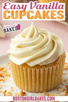 an easy vanilla cupcake with white frosting on top