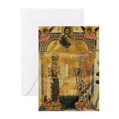 a card with an image of two men in gold and black on the inside of it