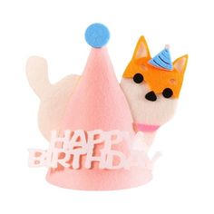 a pink birthday hat with a cat on top and the words happy birthday written in white