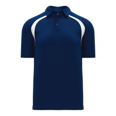 a men's blue and white polo shirt with two contrasting stripes on the collar