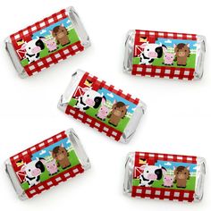 four farm animals on red and white checkerboard candy bar wrappers with matching labels