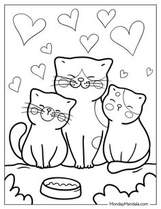 three cats with hearts in the background