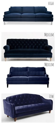 three different types of blue couches with the names below them and description on each one