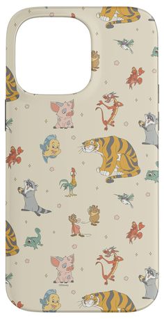 a phone case with cartoon animals and cats all over the phone cover, on a white background