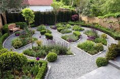 an outdoor garden with graveled paths and various types of plants in the center, surrounded by shrubbery