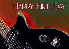 a black electric guitar with the words happy birthday on it's back and an orange background