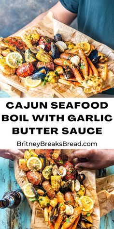 Photos of a seafood boil on top of newspaper. Cajun Seafood Recipes, Easy Seafood Boil, Seafood Boil Recipe, Cajun Seafood Boil, Shrimp Boil Recipe, Sausage And Potatoes, Cajun Seafood, Seafood Boil Recipes, Cajun Creole Recipes