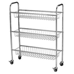 a three tiered metal shelf with baskets on the bottom and two wheels attached to it