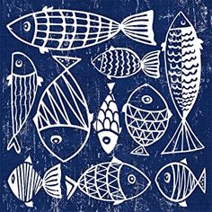 a bunch of fish that are on a blue background with some white lines in the middle