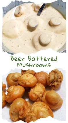 two pictures with different types of food in the bottom and bottom, including mushrooms on top