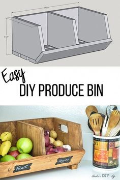 an easy diy produce bin is shown with text overlaying the image and below it