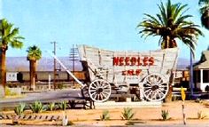 a horse drawn carriage sitting in the middle of a desert road next to palm trees