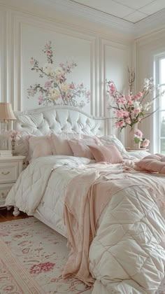 a white bed sitting in a bedroom next to a window