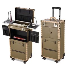 Available for pre-order with limited stock. ETA Jan. 31Pre-Order Now!!! First Reserve by Early Checkout!You can cancel your preorder and get a refund at any time prior to shipment.Brand New 15.5x10x32.5" Bronze Rolling Hair Stylist Barber Makeup Train Case. Perfect for makeup artists and hairdressers. It features a large mesh bag under the top lid and a large bottom compartment is great for bottles, hair dryer, curling iron and so on. Moreover, key lock design ensures the security of your person Rolling Makeup Case, Hair Irons, Makeup Stylist, Salon Makeup, Classic Makeup, Makeup Train Case, Salon Business, Makeup Salon, Hair Scissors